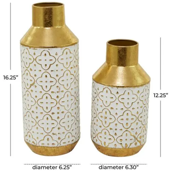 Gold Metal Handmade Embossed Quatrefoil Vase with Gold Detailing Set of 2 16", 12" {6}