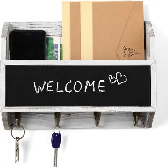 NEX&trade; Wall Mount Mail & Key Holder Organizer with Chalkboard Surface Whitewash {1}