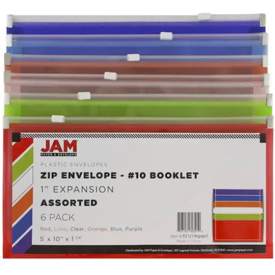 JAM Paper 5" x 10" Assorted Zip Closure Plastic Envelopes, 6ct. {4}