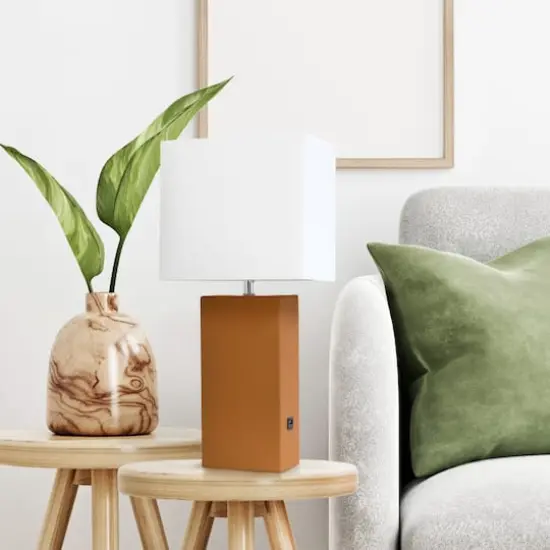 Lalia Home Lexington 21" Leather Table Lamp with USB Charging Port Tan {5}