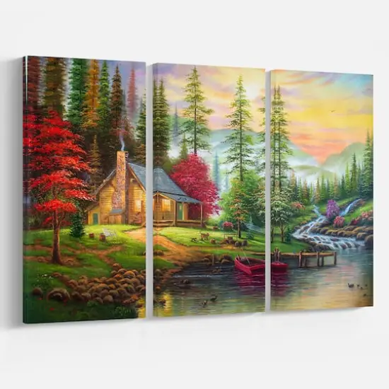 Designart - House in the forest - Landscapes Painting Print on Wrapped Canvas set {4}