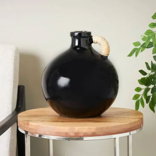 13" Black Ceramic Jug Inspired Vase with Rattan Wrapped Handle {3}