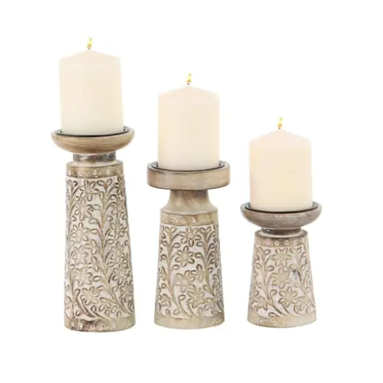 Brown & White Mango Wood Floral Candle Holder Set {1}