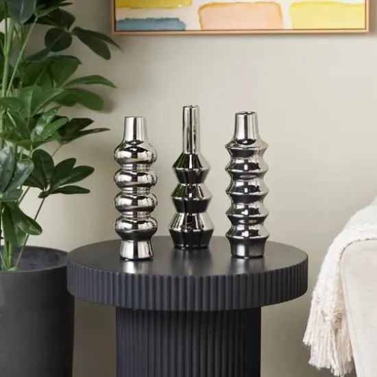 Silver Ceramic Abstract Bubble Ribbed Vase Set {10}