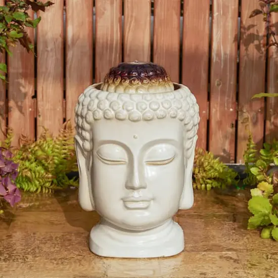 Glitzhome&reg; 18.75" Zen-Style LED Buddha Head Ceramic Outdoor Fountain {3}