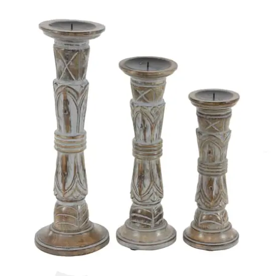 Light Brown Mango Wood Traditional Candle Holder Set {6}