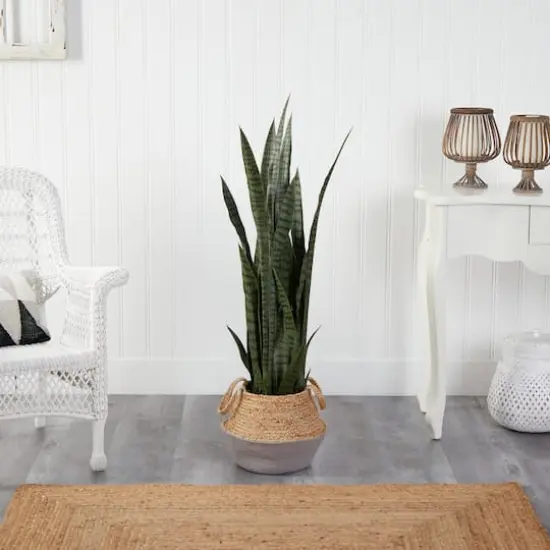 46" Sansevieria Artificial Plant in Boho Chic Handmade Cotton & Jute Gray Woven Planter {4}