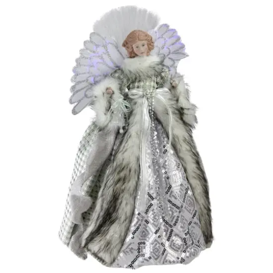 16" Lighted Fiber Optic Angel in Silver Gingham Coat Tree Topper {1}