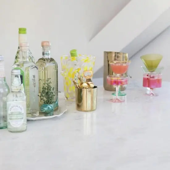 Hello Honey 6-Ounce Hand-Blown Pleated Flower Shaped Stemmed Coupe Glass, Iridescent Finish and Pink, Set of 6 {4}