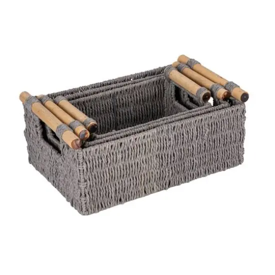Household Essentials Paper Rope with Wooden Handles Basket Set Gray {1}