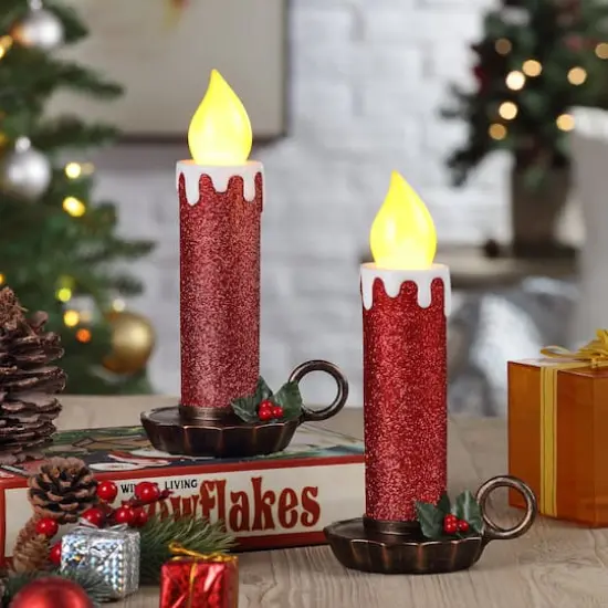 10" Red Flickering LED Glittery Candles, 2ct. {3}