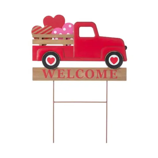 Glitzhome&reg; 24" Metal Wooden Valentine's Truck Yard Stake & Hanging Sign {1}