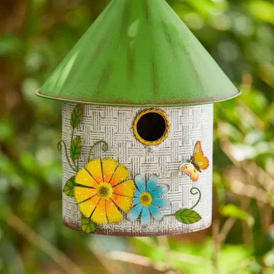 Glitzhome&reg; 11" Distressed Metal Birdhouse with 3D Flowers & Butterfly {5}