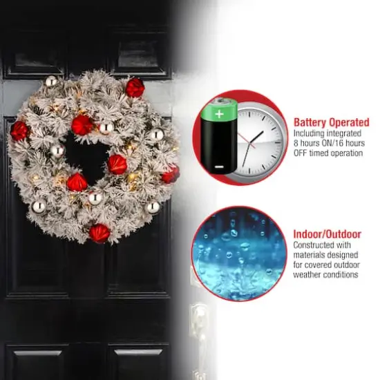 24" Snowy Bristle Pine Wreaths with Red & Silver Ornaments & Warm White LED Lights {6}