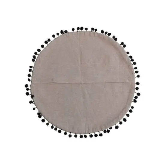 Hello Honey&reg; 16" White & Black Round Cotton Chambray Printed Pillow with Cat Design, Embroidery & Pom Pom Trim {4}