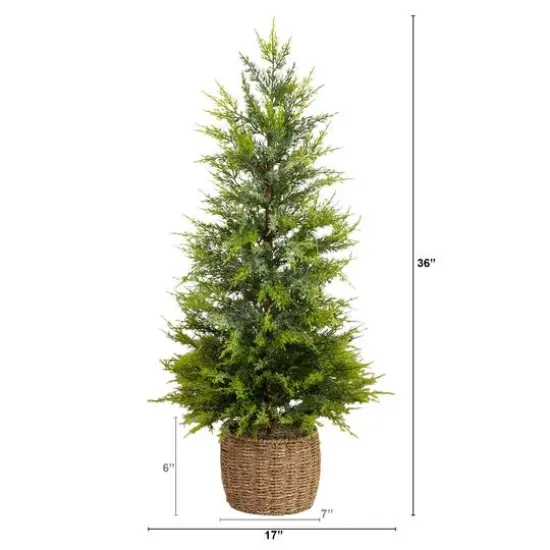 3ft. Pre-Lit Artificial Lightly Snowed Cypress Christmas Tree with 38 Warm White LED Lights in Decorative Weaved Basket {3}