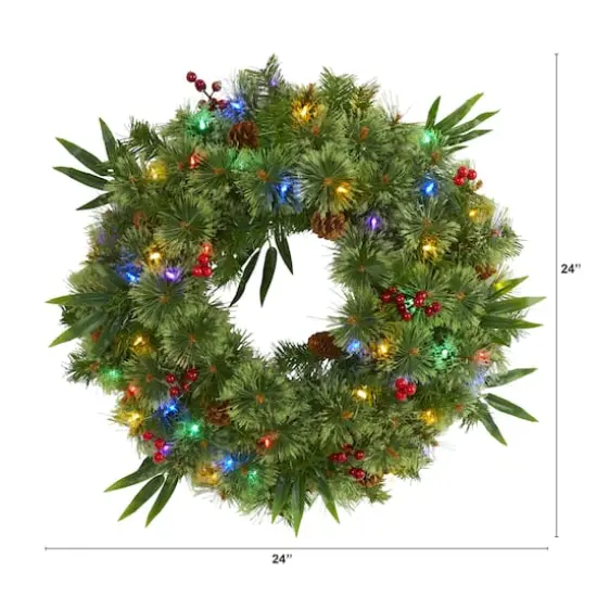 24" Multicolor LED Mixed Pine Christmas Wreath with Berries & Pinecones {3}