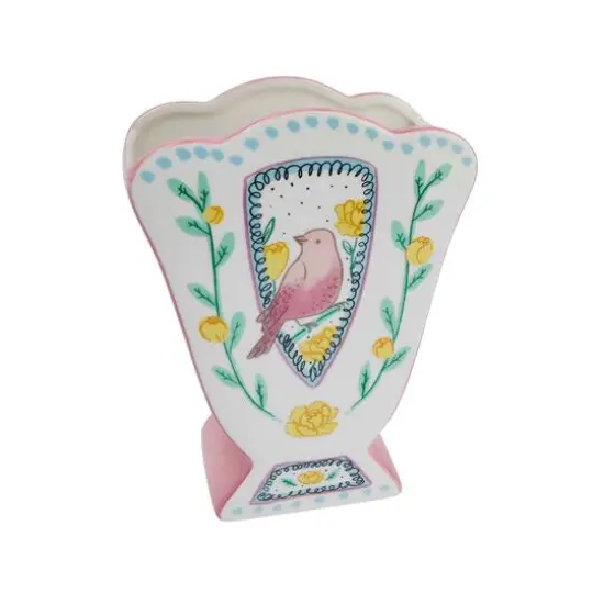 Hello Honey&reg; 8.5" Ceramic Fan Shaped Vase with Painted Bird Design {7}