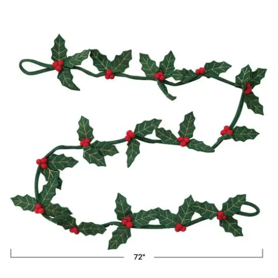 Hello Honey® 6ft. Green & Red Handmade Wool Felt Gold Embroidered Holly Leaves & Berries Wired Garland {5}