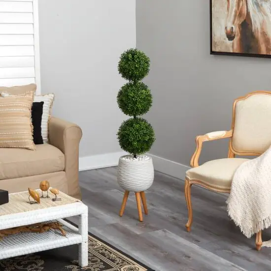 4.5ft. Boxwood Triple Ball Topiary Artificial Tree in White Planter with Stand (Indoor/Outdoor) {5}