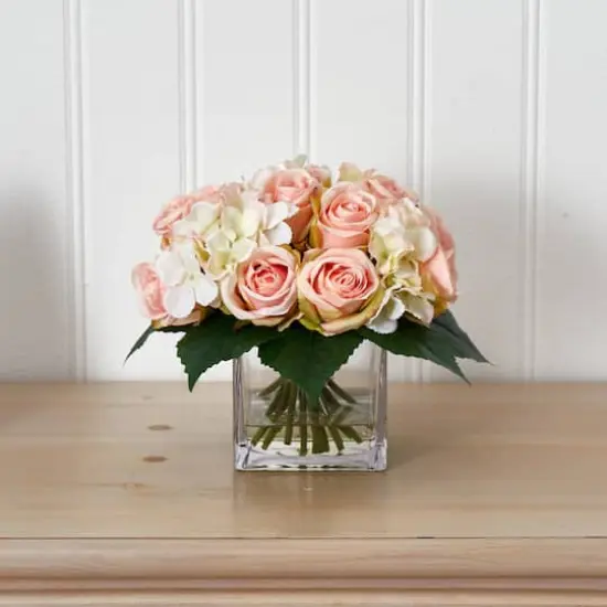 9" Pink Rose & Hydrangea Bouquet Arrangement in Vase {4}