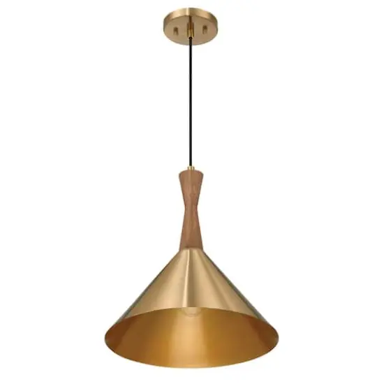 Hello Honey® Axel Brushed Gold Mid-Century Modern Metal & Natural Stained Wood Ceiling Light {1}