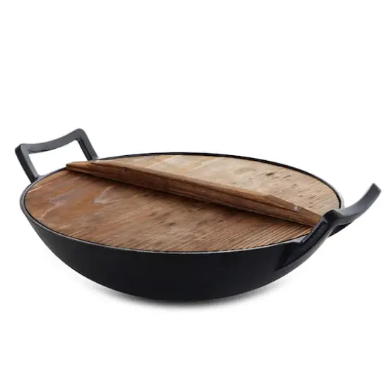 General Store Addlestone 14" Heavy Duty Cast Iron Wok with Wood Lid {3}