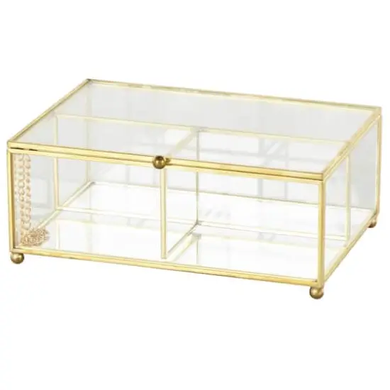 7" x 5" x 3" Clear & Gold 3-Slot Glass & Metal Jewelry Box with Chain Accent {1}