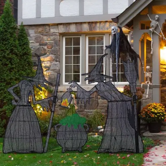 Glitzhome&reg; Set of 3 Lighted Halloween 2.5D Witches with Cauldron Outdoor Decor {6}