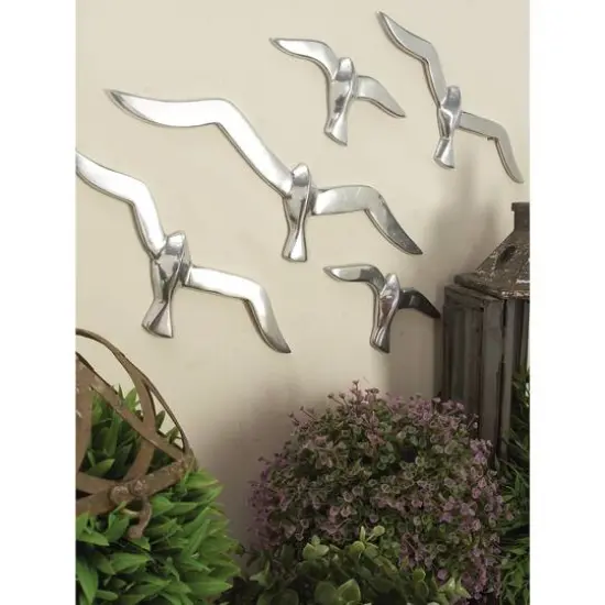 Set of 7 Silver Aluminum Coastal Birds Wall Decor, 16" x 4" {8}