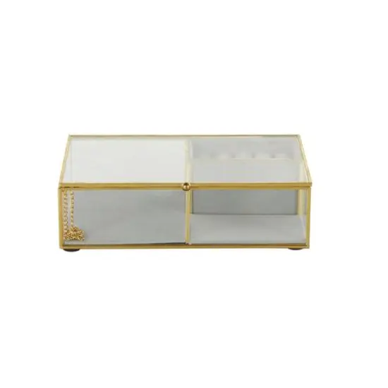 9" x 6" x 3" Clear & Gold Glass & Metal Jewelry Box with Chain Accent & Fabric Ring Slots {8}