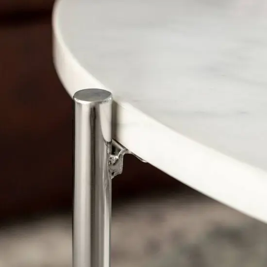 Faux White Marble, Glass & Chrome Modern Round Coffee Table {5}