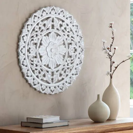 Habitat Etta 24" White Carved Floral Round Wall Art {6}