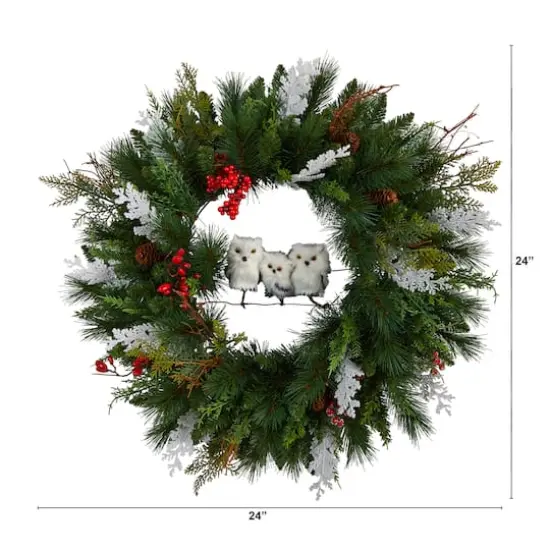 24" Holiday Winter Owl Family Pinecone Berry Christmas Wreath {3}