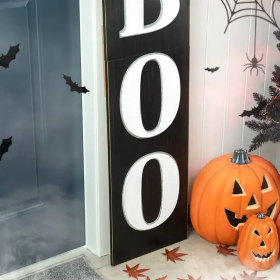 Glitzhome&reg; Black & White Wooden BOO Porch Sign {6}