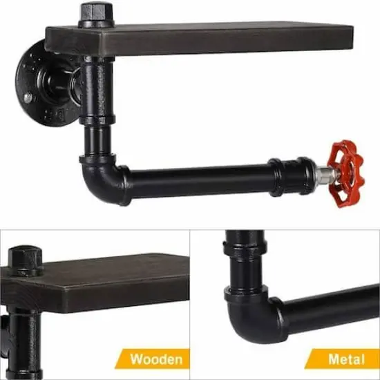 Black Industrial Metal Wall Mounted Toilet Paper Holder with Wood Shelf {4}