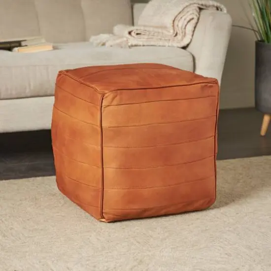 21" Leather Pouf with Linear Panels Tan {3}
