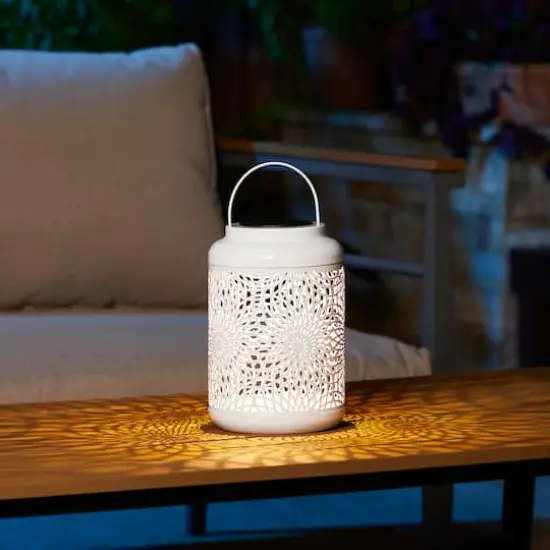 Glitzhome&reg; 9" Cutout Metal Solar Powered Outdoor Hanging Lantern White {6}