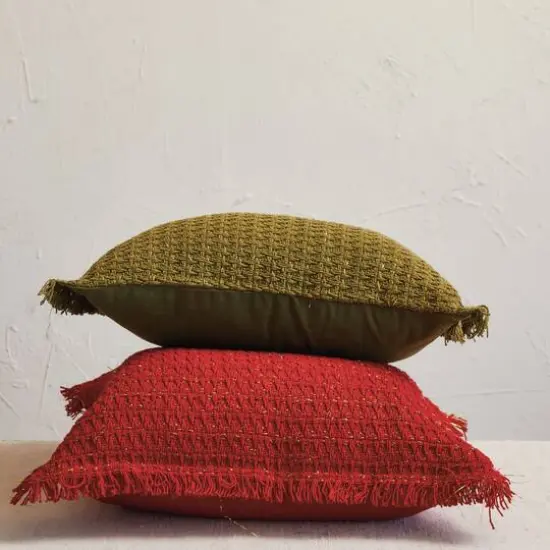 Hello Honey&reg; 20" x 20" Square Red Woven Cotton Pillow with Metallic Gold Thread & Fringe {3}