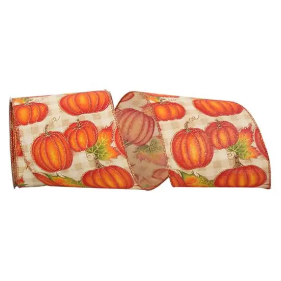 Reliant 4" x 10yd. Wired Natural Pumpkin Gingham Sparkle Ribbon {1}