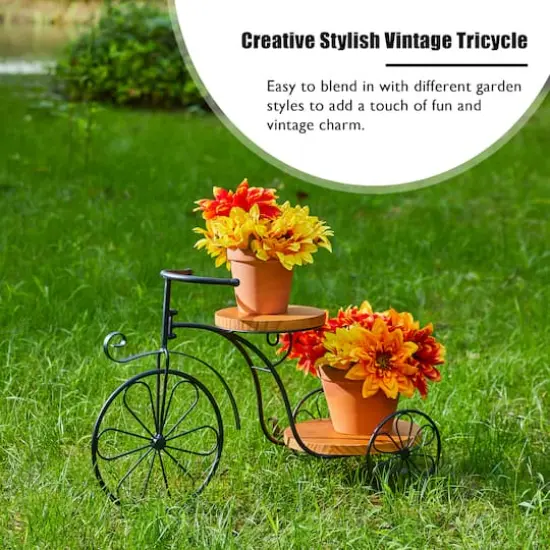 Glitzhome&reg; 24" Black Metal Tricycle Planter Stand with Solid Wood Tray {4}