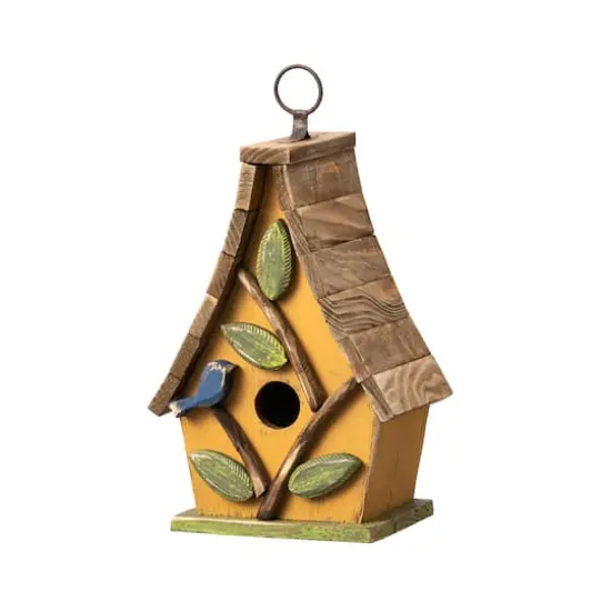 Glitzhome&reg; 9.5" Yellow Distressed Wood Birdhouse with Leaves {1}