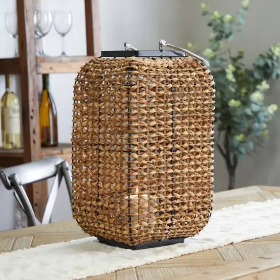 20" Brown Dried Plant Handmade Rattan Weaved Candle Lantern with Glass Holder and Handle {7}