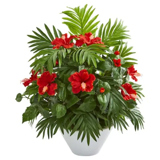 2.2ft. Red Hibiscus & Areca Palm Artificial Plant in White Bowl  {1}