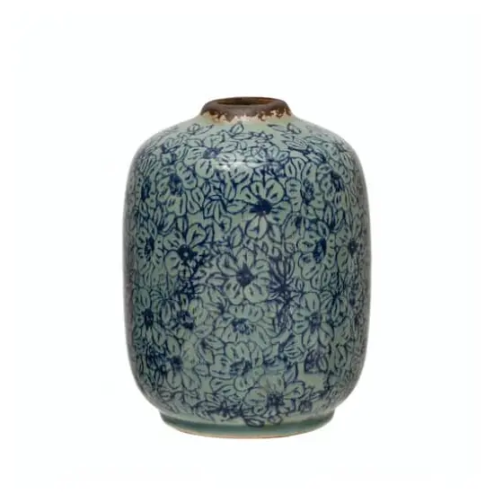 Hello Honey® 7" Distressed Blue Terracotta Vase with Floral Pattern {1}