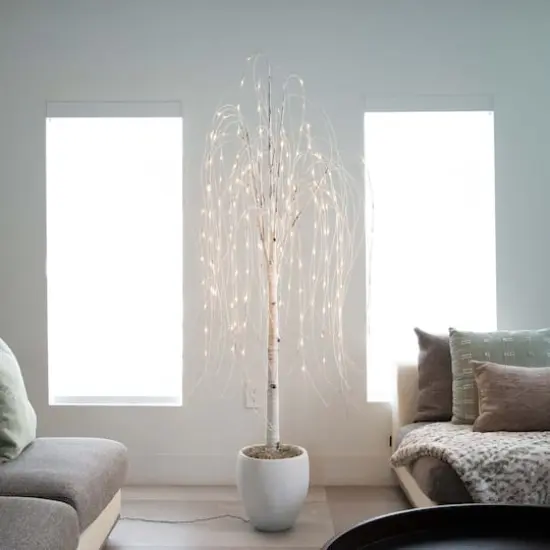 6ft. Pre-Lit White Weeping Willow Artificial Christmas Tree, Warm White LED Lights {10}