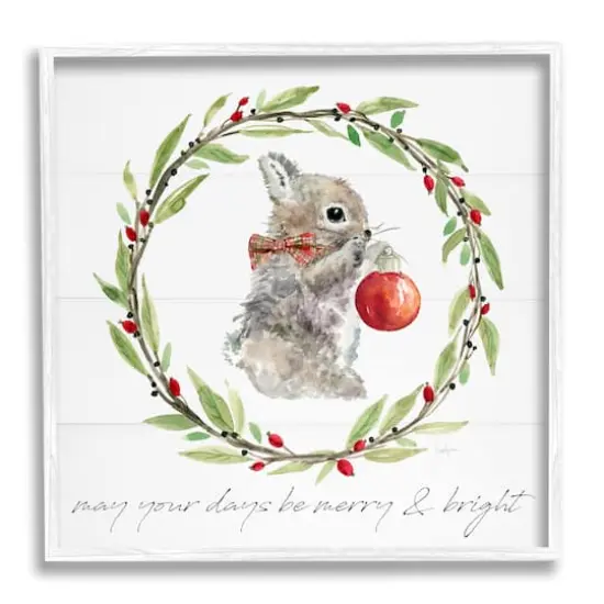 Stupell Industries Merry & Bright Bunny Wreath Framed Giclee Art White {1}