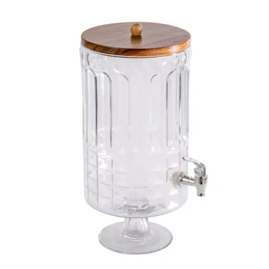 Hello Honey 8-Quart Cut Glass Beverage Dispenser with Plastic Spout and Acacia Wood Lid, Silver Color and Natural {1}