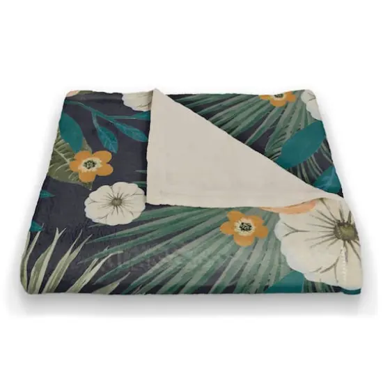 Tropical Floral Coral Fleece Blanket Navy {3}