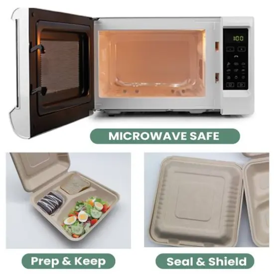 9" Natural Beige Single-Compartment Hinged Compostable Take Out Containers, 200ct. {5}